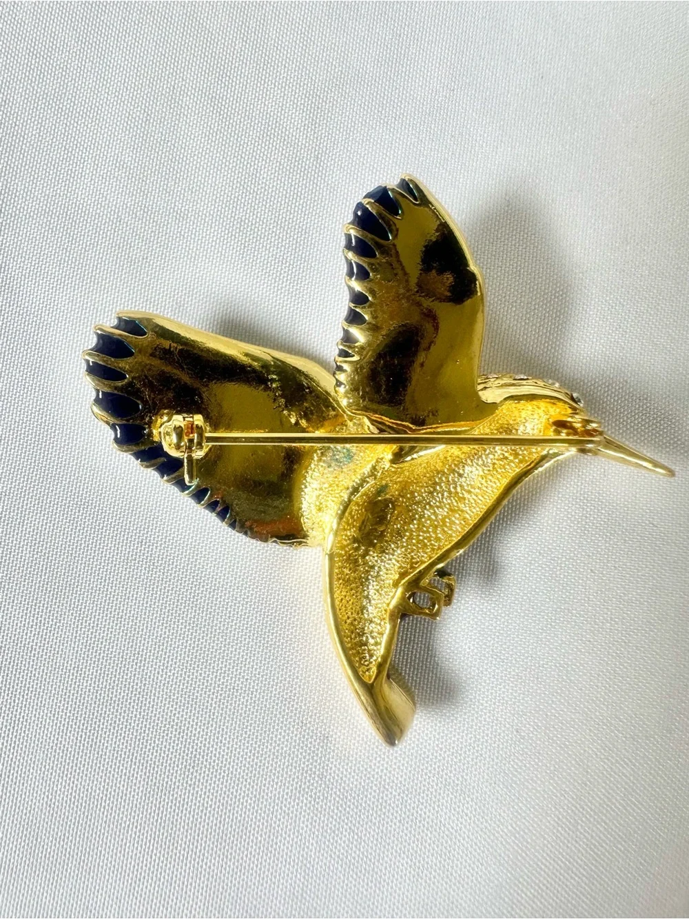 Gold-tone Hummingbird Brooch Pin with Blue & Green Enamel and Rhinestones